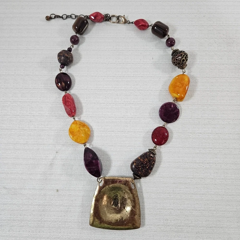 Boho Chunky Bead Statement Necklace Hammered Brass Spiral Pendant Purple Amber